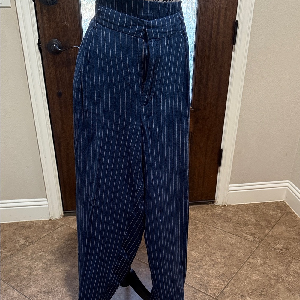 a new day Dark Blue Striped Linen Trousers